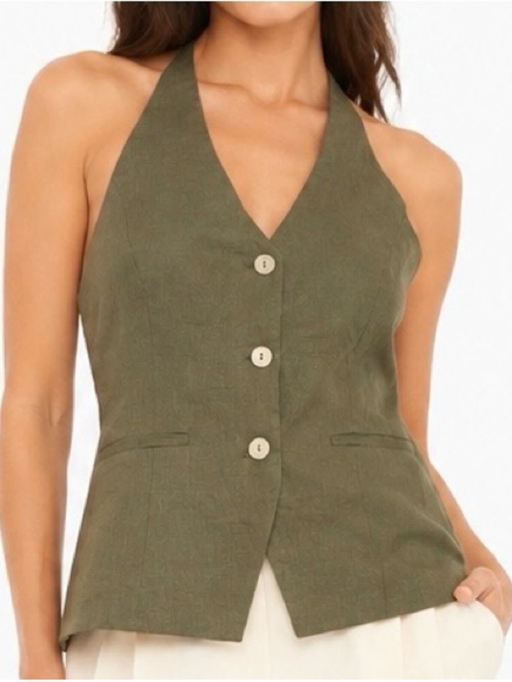 Lucy Paris Linen Halter Vest Size Large Olive Green Button Front Tailored